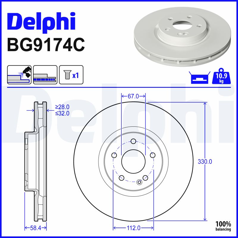 DELPHI Bremseskive bg9174c 330mm 32mm for MERCEDES-BENZ