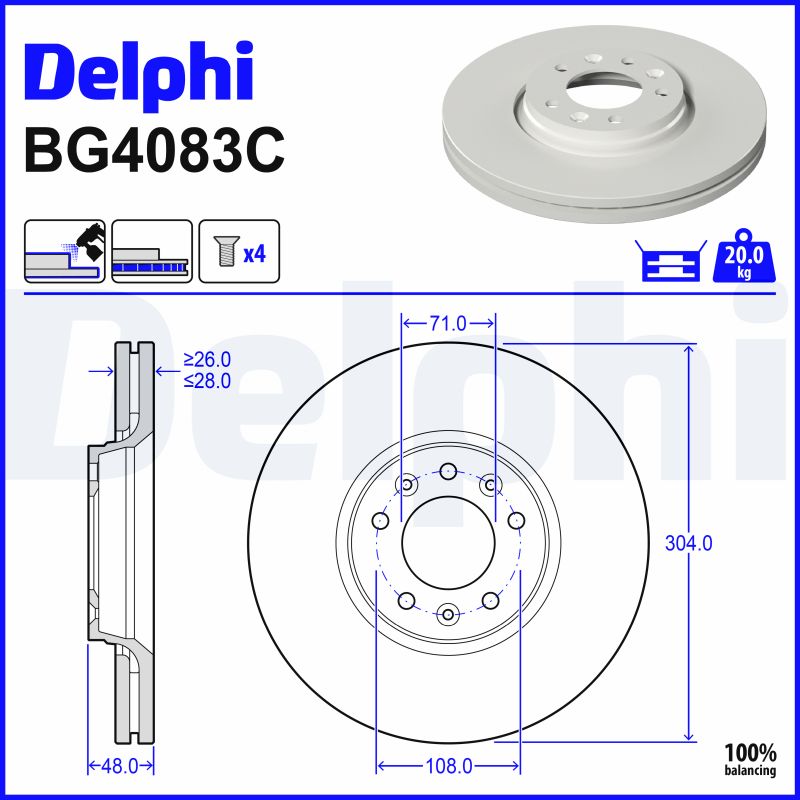 DELPHI Bremseskive bg4083c 304mm 28mm for PEUGEOT CITROËN FIAT TOYOTA