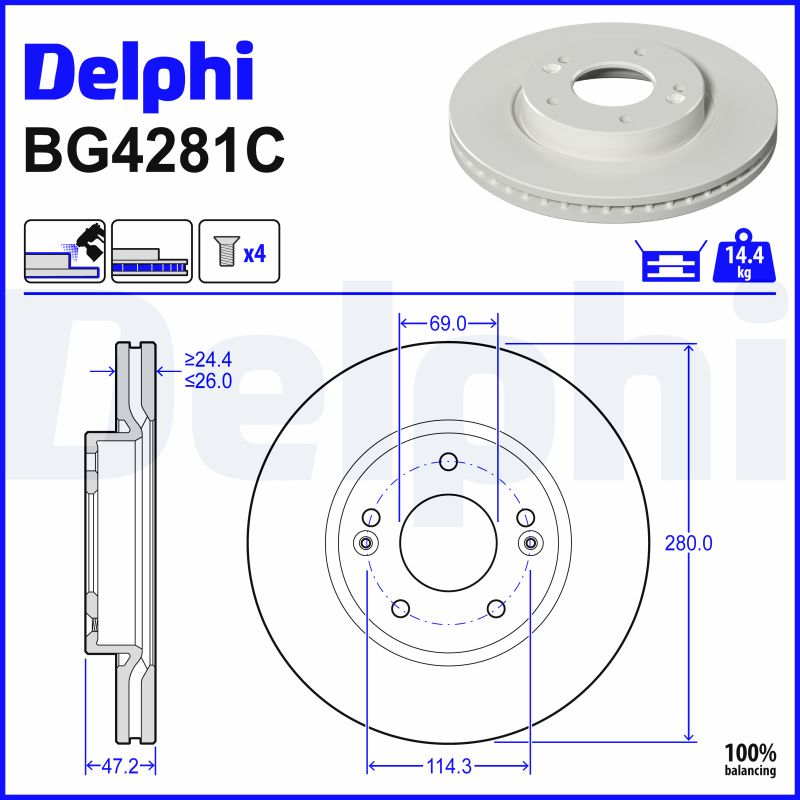 DELPHI Bremseskive bg4281c 280mm 26mm for HYUNDAI KIA