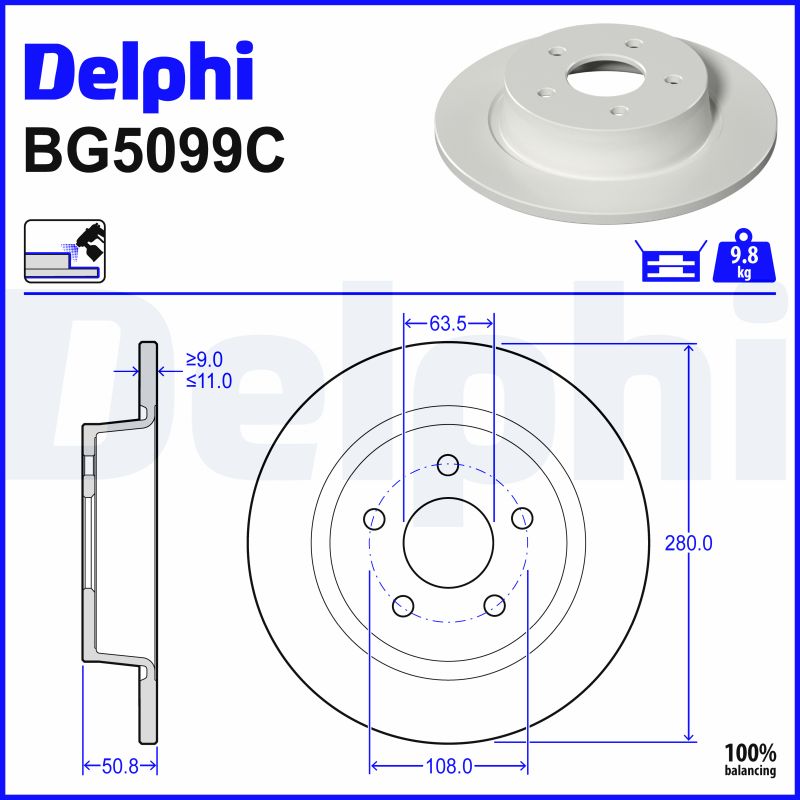 DELPHI Bremseskive bg5099c 280mm 11mm for FORD