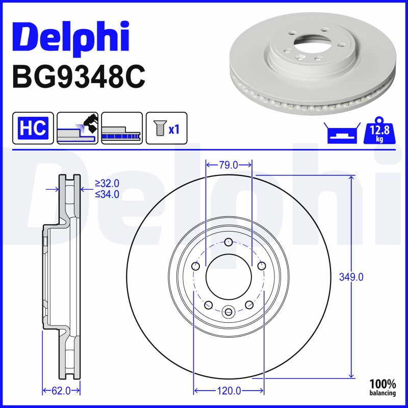 DELPHI Bremseskive bg9348c 349mm 34mm for LAND ROVER