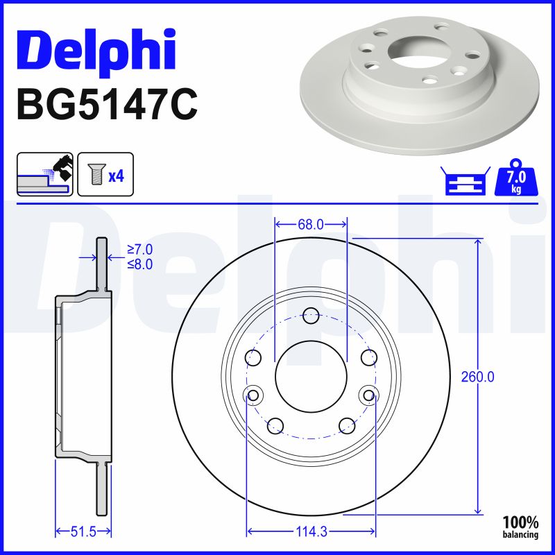 DELPHI Bremseskive BG5147C 260mm 8mm for MITSUBISHI RENAULT