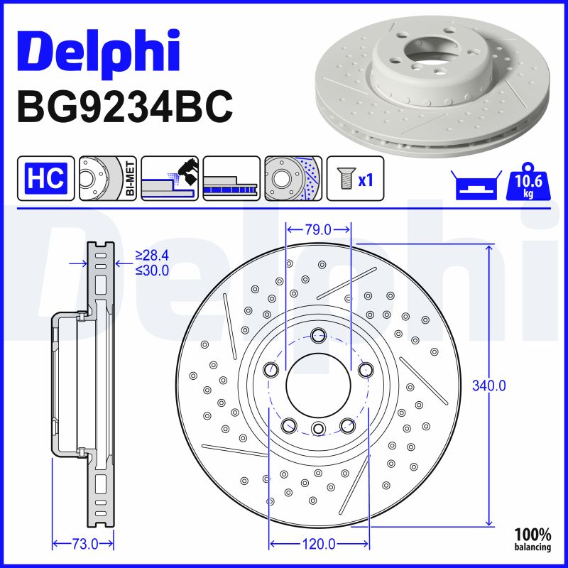 DELPHI Bremseskive bg9234bc lukket/perforeret 340mm 30mm for BMW