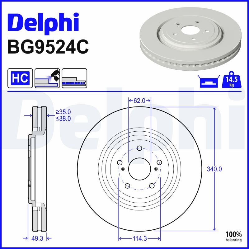 DELPHI Bremseskive bg9524c 340mm 38mm for SUZUKI TOYOTA