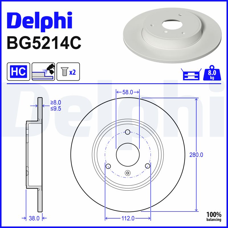 DELPHI Bremseskive BG5214C 280mm 9,5mm for SMART