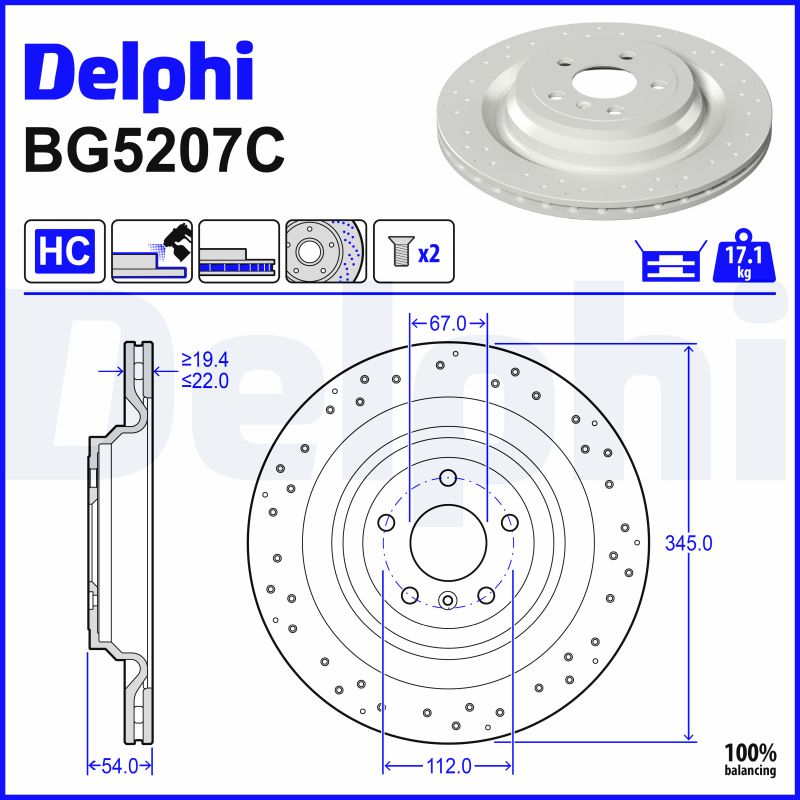 DELPHI Bremseskive bg5207c perforeret 345mm 22mm for MERCEDES-BENZ