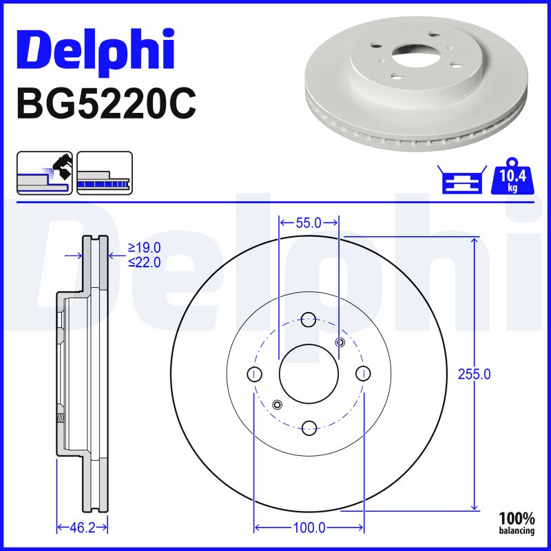 DELPHI Bremseskive bg5220c 255mm 22mm for TOYOTA