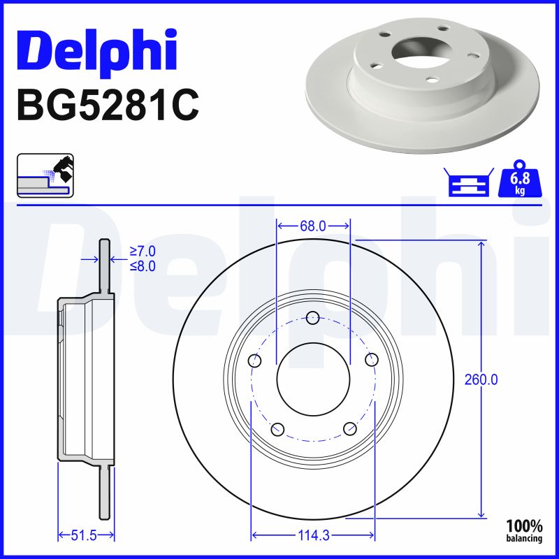 DELPHI Bremseskive BG5281C 260mm 8mm for RENAULT