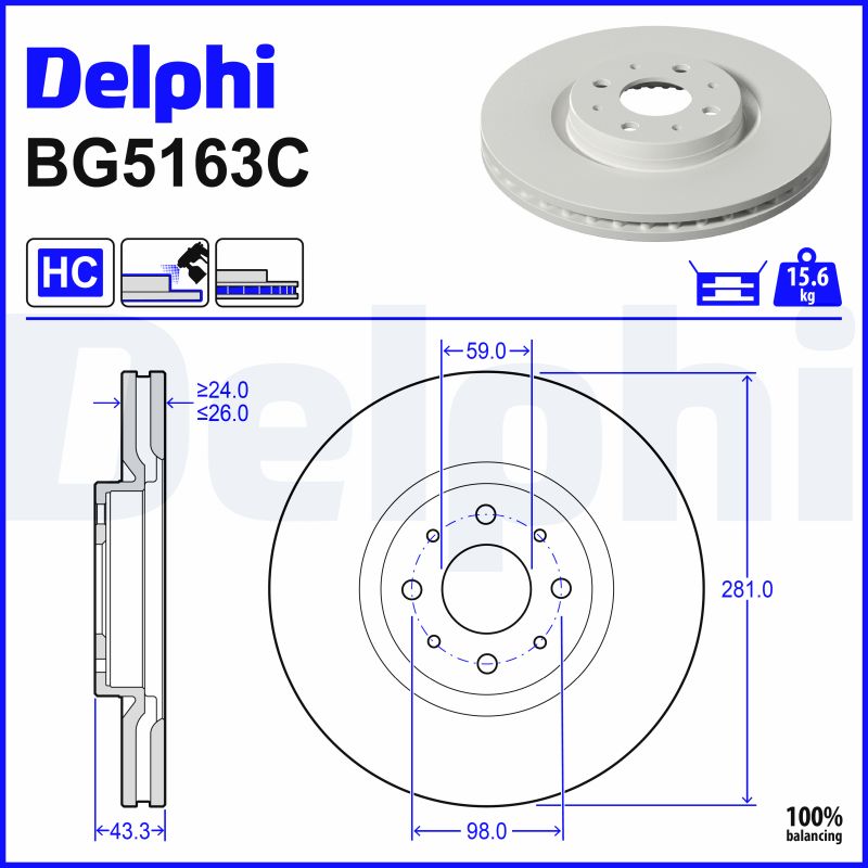 DELPHI Bremseskive BG5163C 281mm 26mm for ABARTH