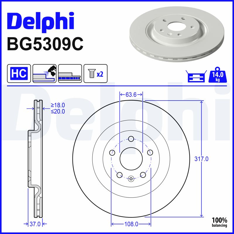 DELPHI Bremseskive bg5309c 317mm 20mm for VOLVO ASIA