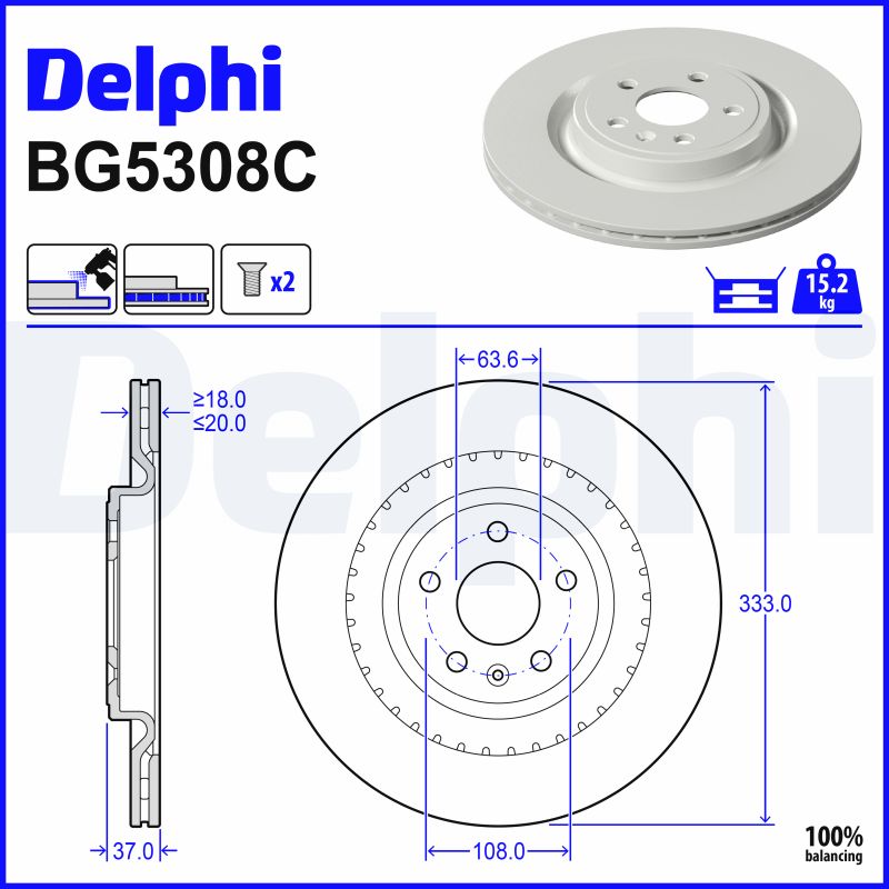 DELPHI Bremseskive bg5308c 333mm 20mm for VOLVO ASIA