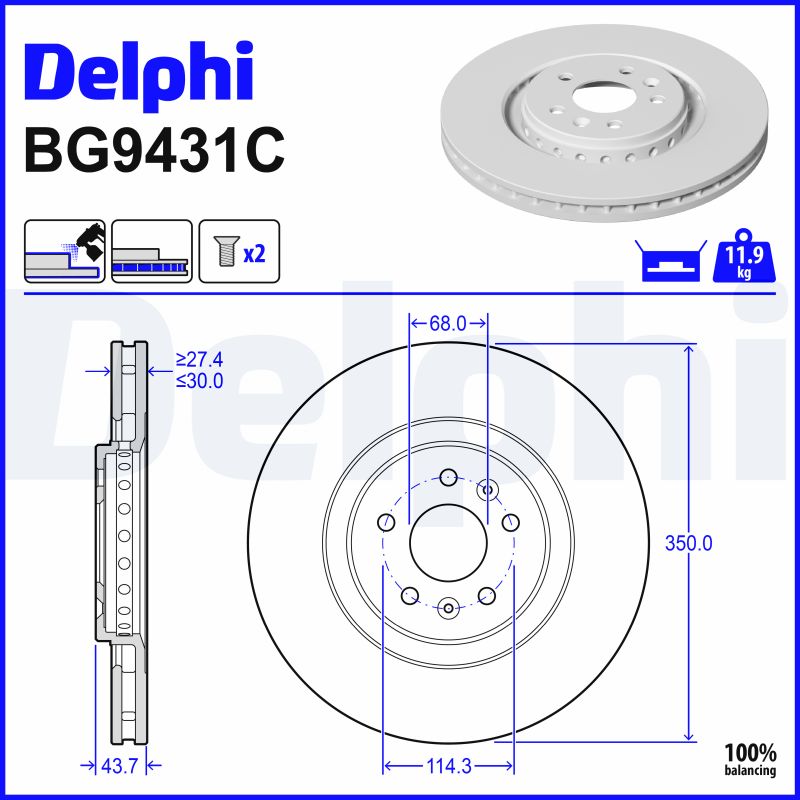 DELPHI Bremseskive bg9431c 350mm 30mm for RENAULT