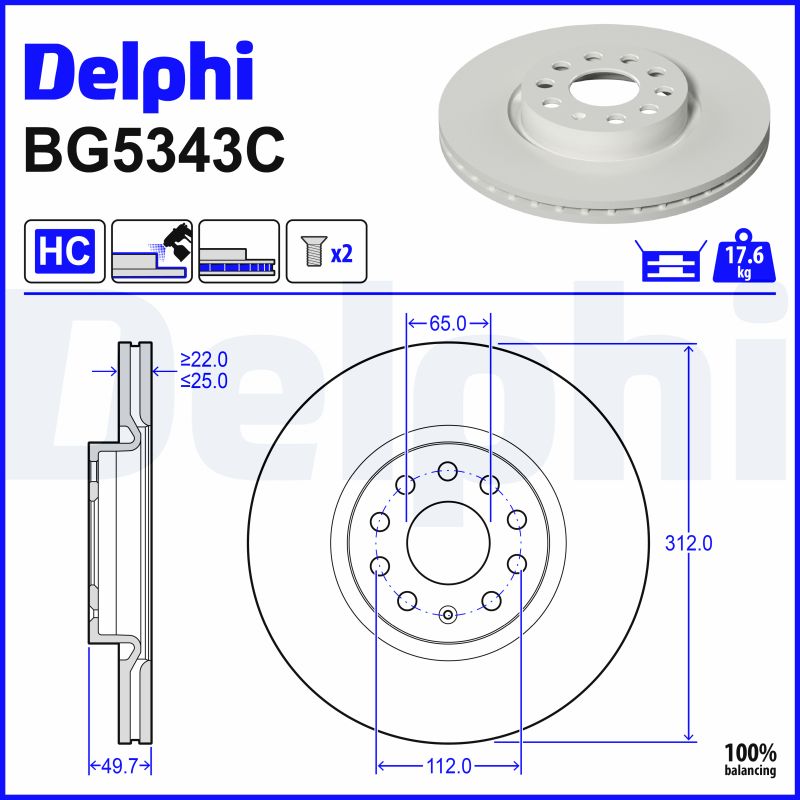 DELPHI Bremseskive bg5343c 312mm 25mm for FORD AUDI VW