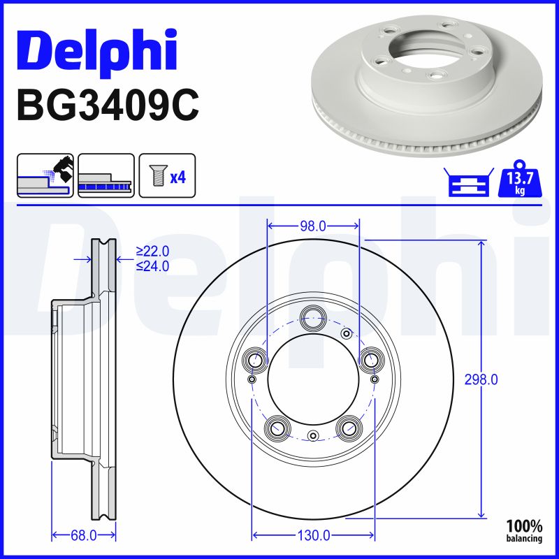 DELPHI Bremseskive BG3409C 298mm 24mm for PORSCHE