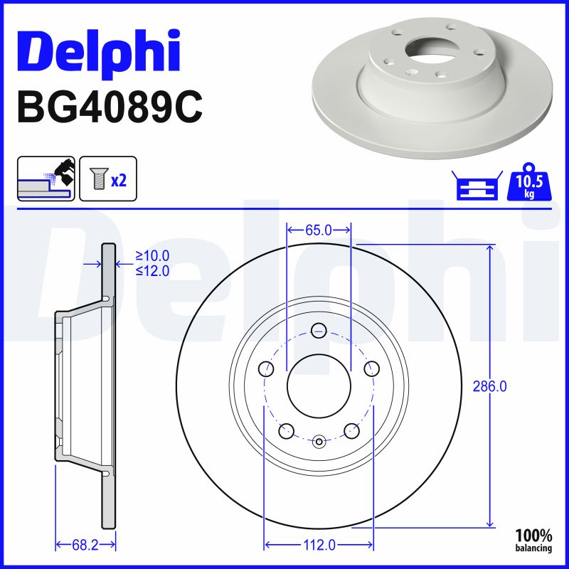 DELPHI Bremseskive BG4089C 286mm 12mm for AUDI