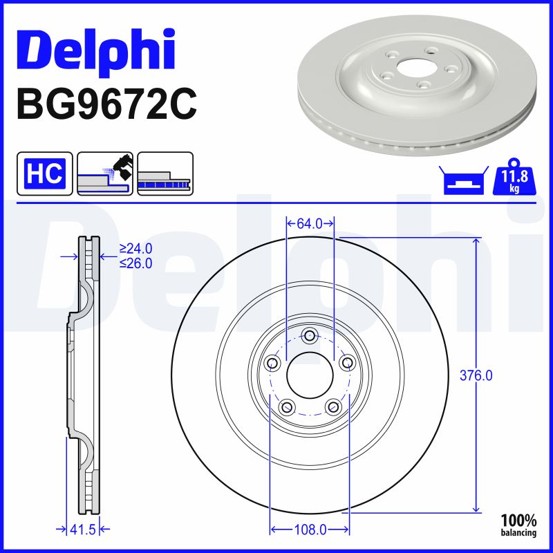 DELPHI Bremseskive BG9672C 376mm 26mm for JAGUAR
