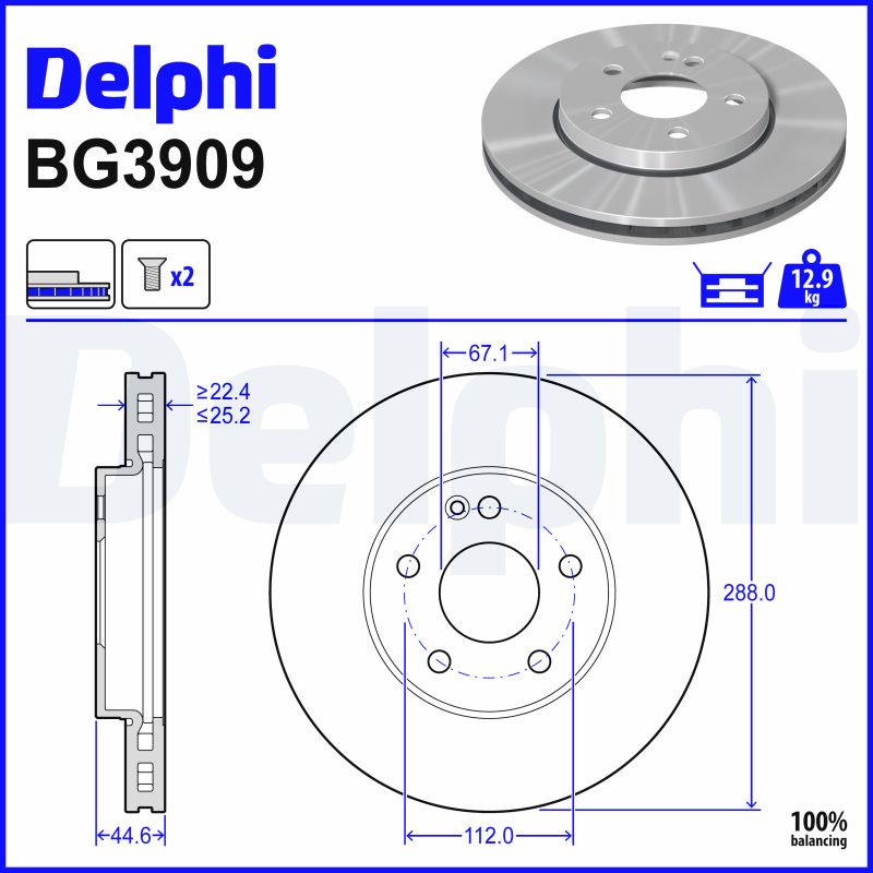 DELPHI Bremseskive bg3909 288mm 25mm for MERCEDES-BENZ