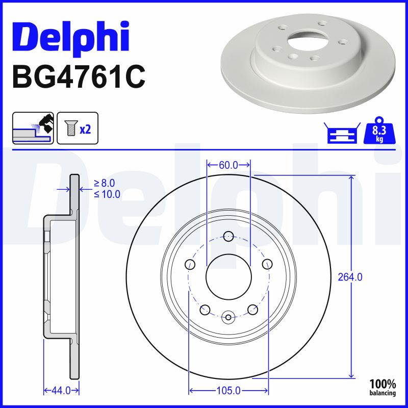 DELPHI Bremseskive bg4761c 264mm 10mm for VAUXHALL OPEL BUICK (SGM)