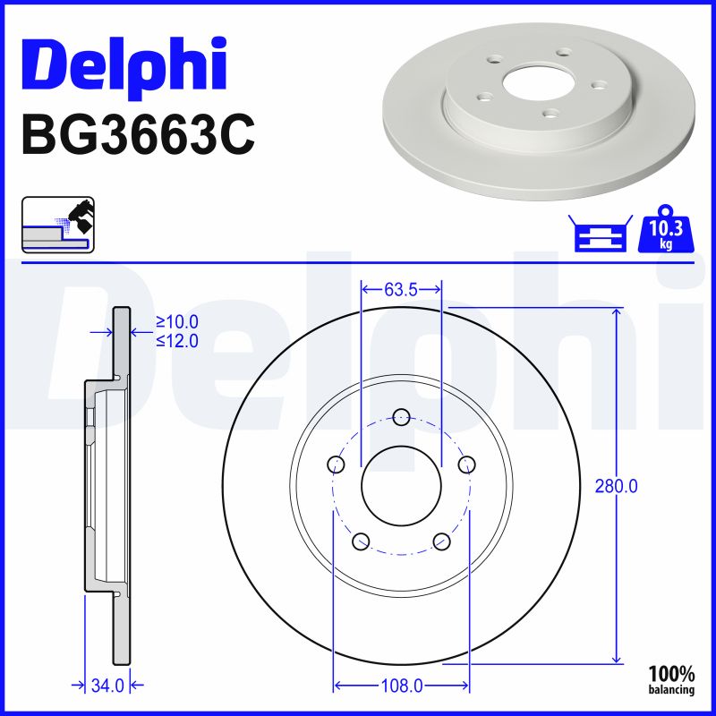 DELPHI Bremseskive bg3663c 280mm 12mm for FORD JAGUAR