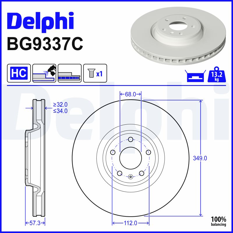 DELPHI Bremseskive bg9337c 349mm 34mm for AUDI VW