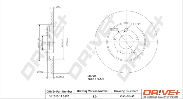 DR!VE+ Bremseskive dp1010110170 bagaksel fuld 280mm 12mm for FORD JAGUAR