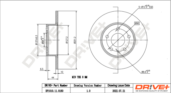 DR!VE+ Bremseskive dp1010110180 bagaksel fuld 252mm 10mm for LANCIA ALFA ROMEO FIAT