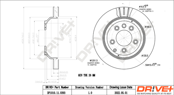 DR!VE+ Bremseskive dp1010110393 bagaksel ventileret 330mm 28mm for VW PORSCHE