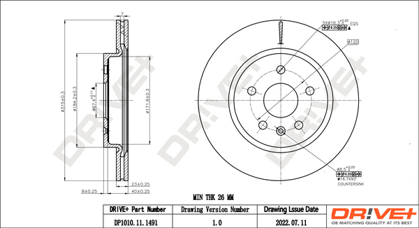 DR!VE+ Bremseskive dp1010111491 bagaksel ventileret 315mm 23mm for VAUXHALL CHEVROLET CADILLAC