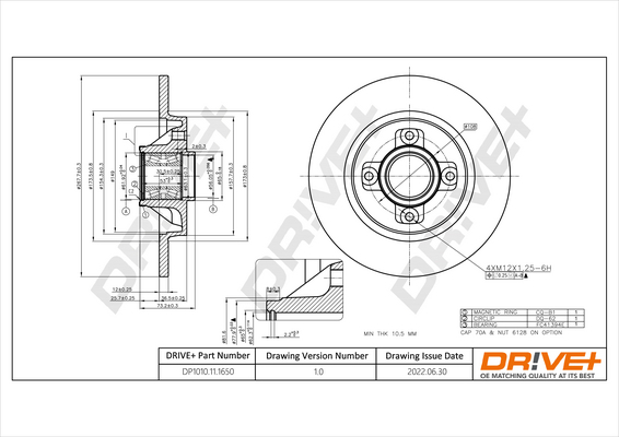 DR!VE+ Bremseskive dp1010111650 bagaksel fuld 268mm 12mm for DS OPEL