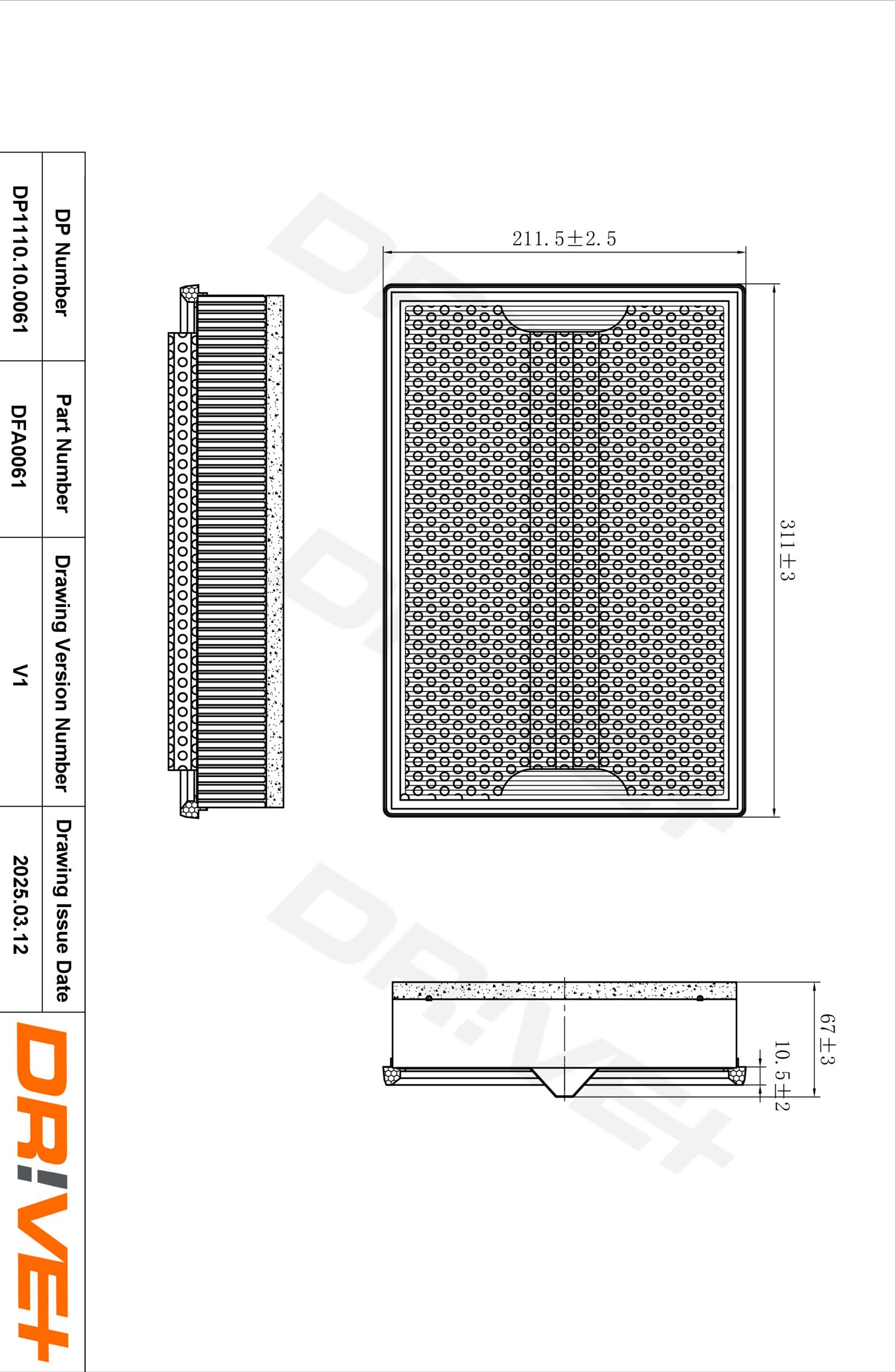 DR!VE+ Luftfilter dp1110100061 Filterindsats 59mm for FORD VAG