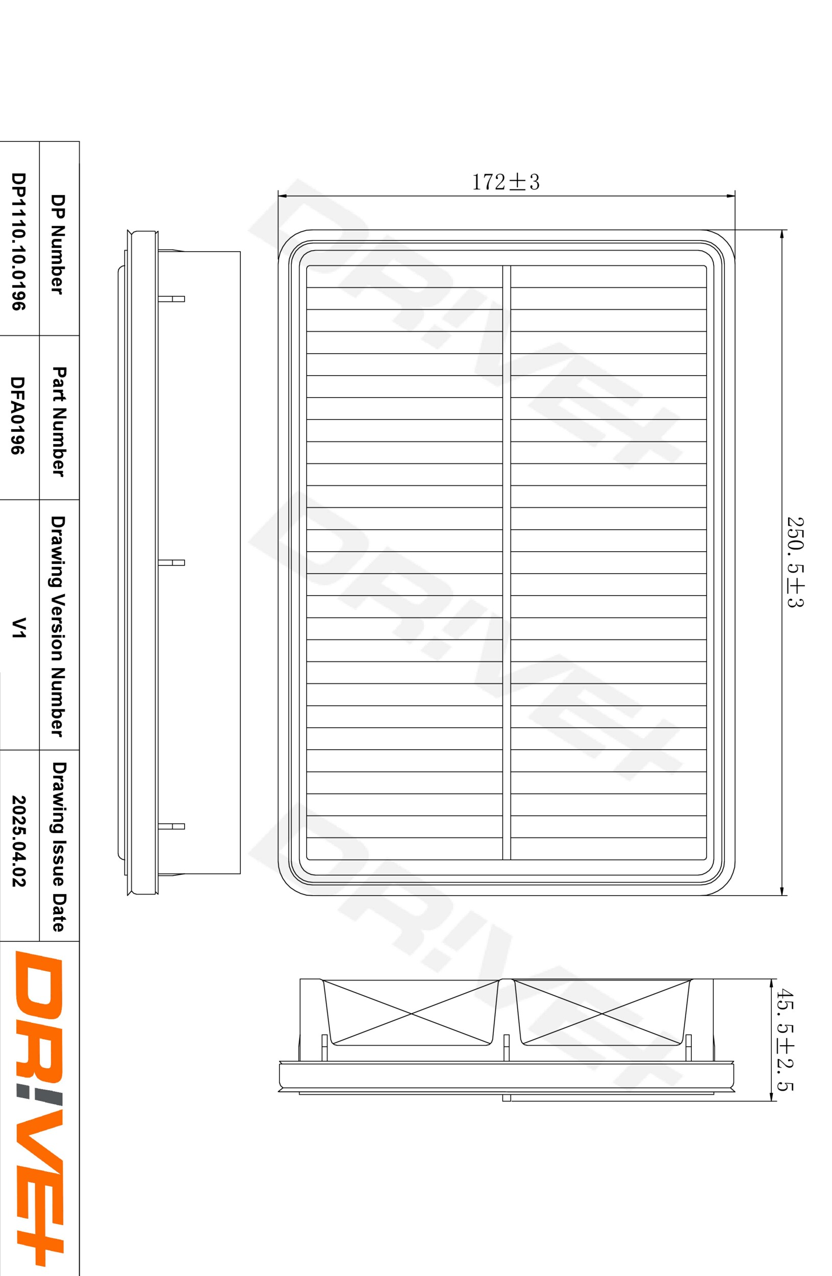 DR!VE+ Luftfilter dp1110100196 Filterindsats 44mm for KIA