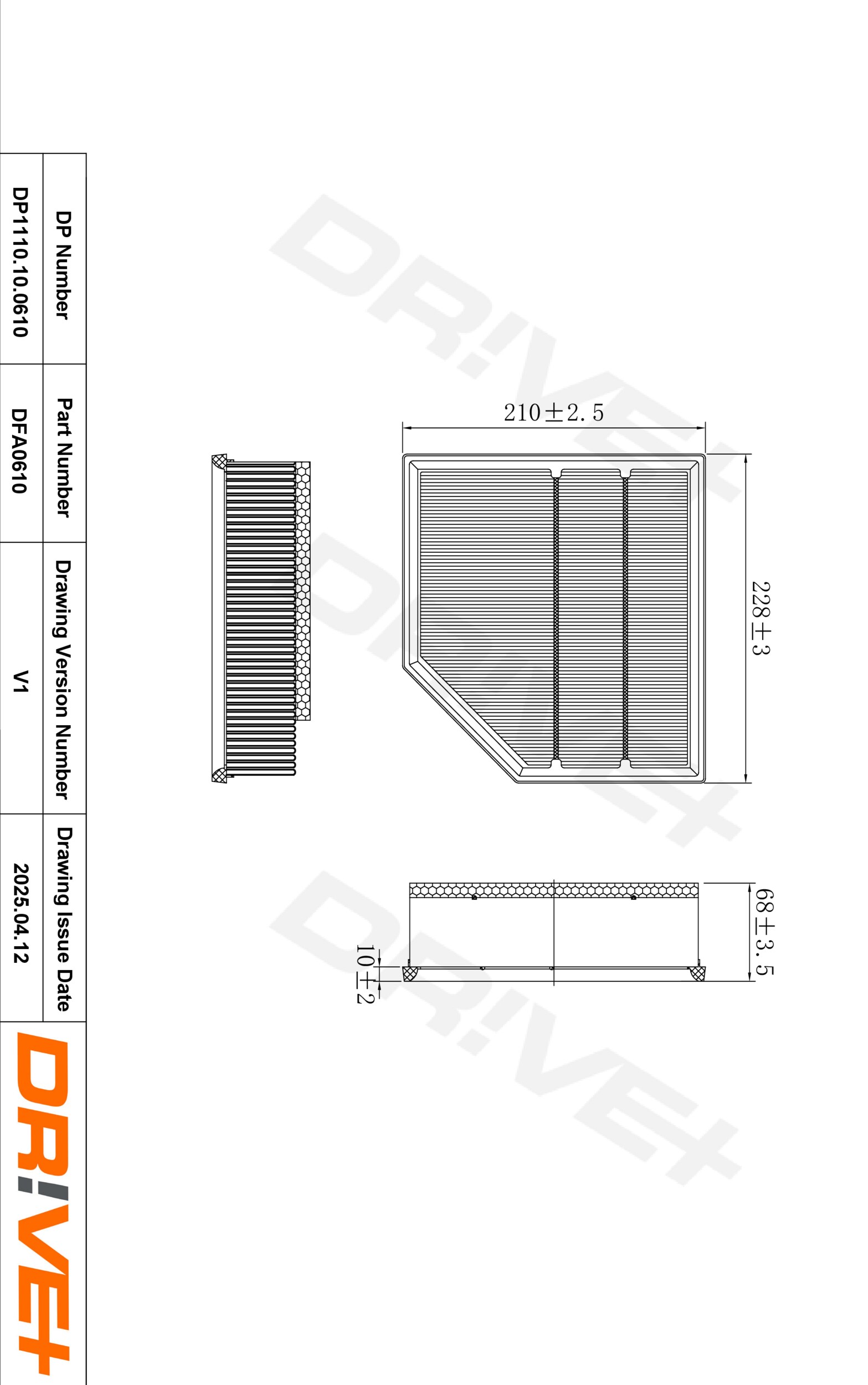 DR!VE+ Luftfilter dp1110100610 Filterindsats 68mm for VOLVO