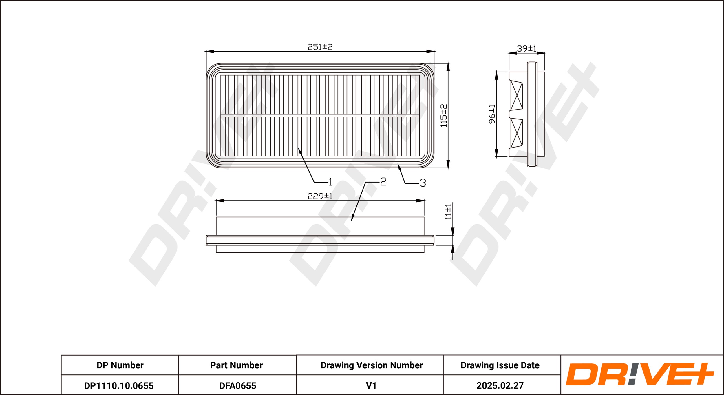 DR!VE+ Luftfilter dp1110100655 Filterindsats 39mm for KIA