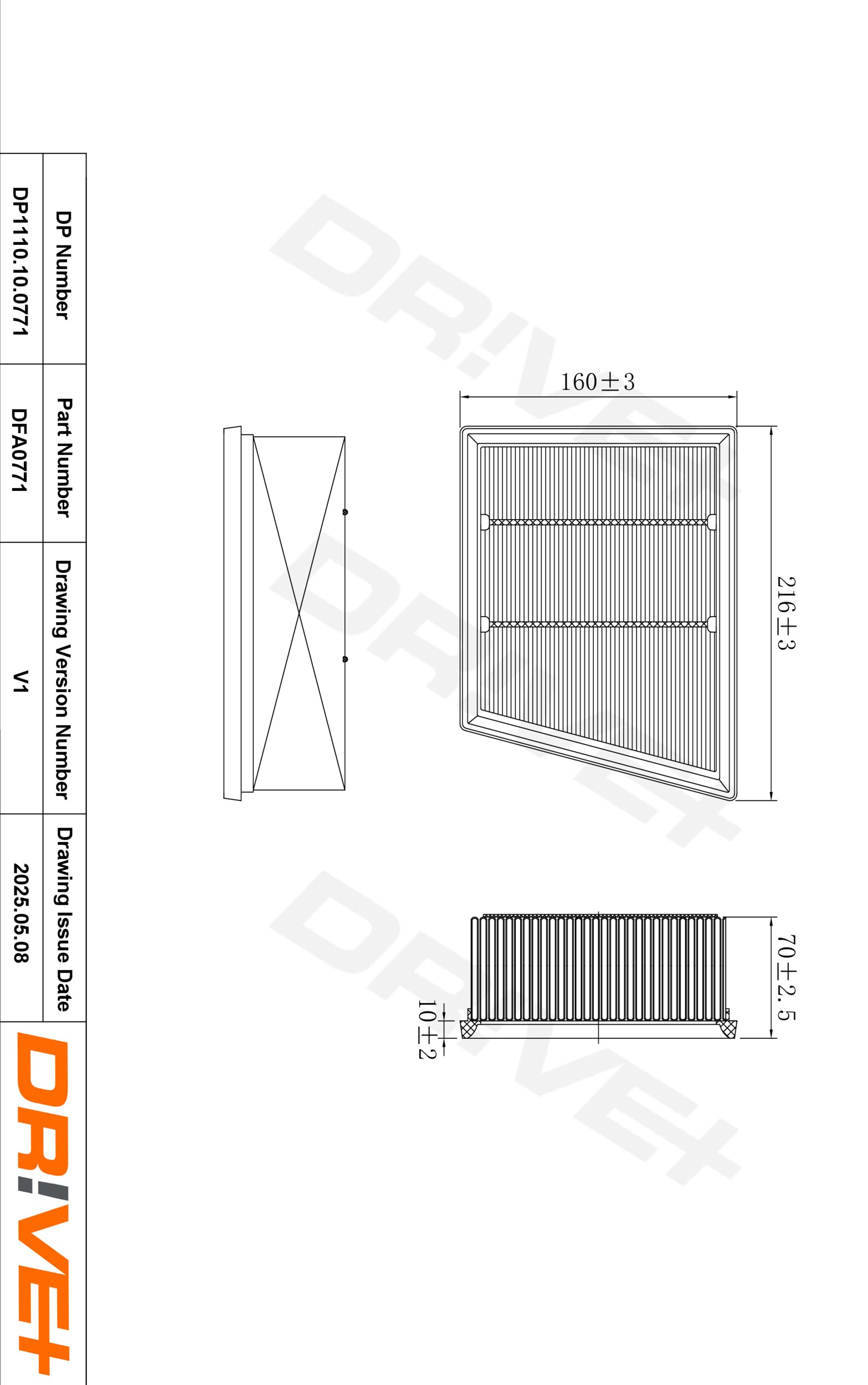 DR!VE+ Luftfilter dp1110100771 Filterindsats 70mm for FORD
