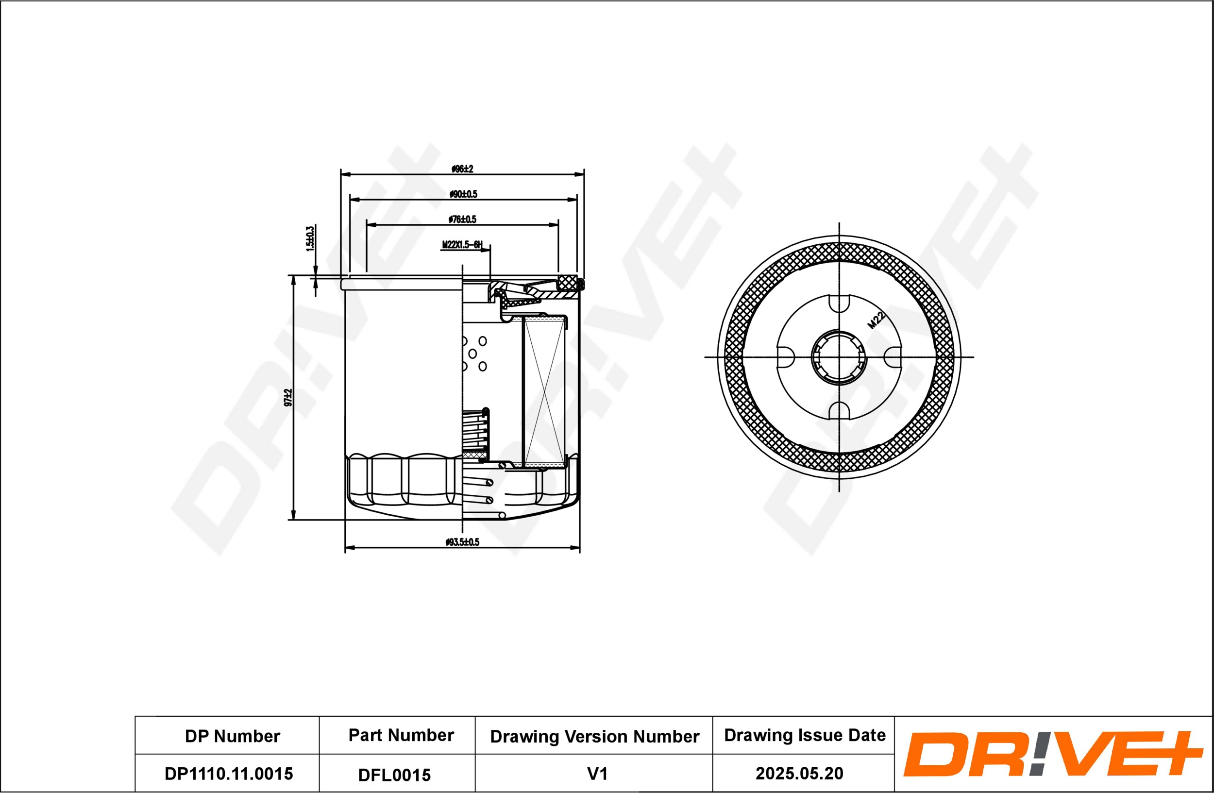 DR!VE+ Oliefilter dp1110110015 Påskruet 86mm M22X1.5-6H for FORD GENERAL MOTORS