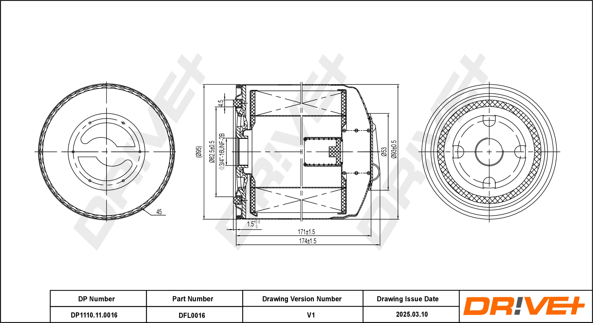 DR!VE+ Oliefilter dp1110110016 Påskruet 183mm for VOLVO VAG
