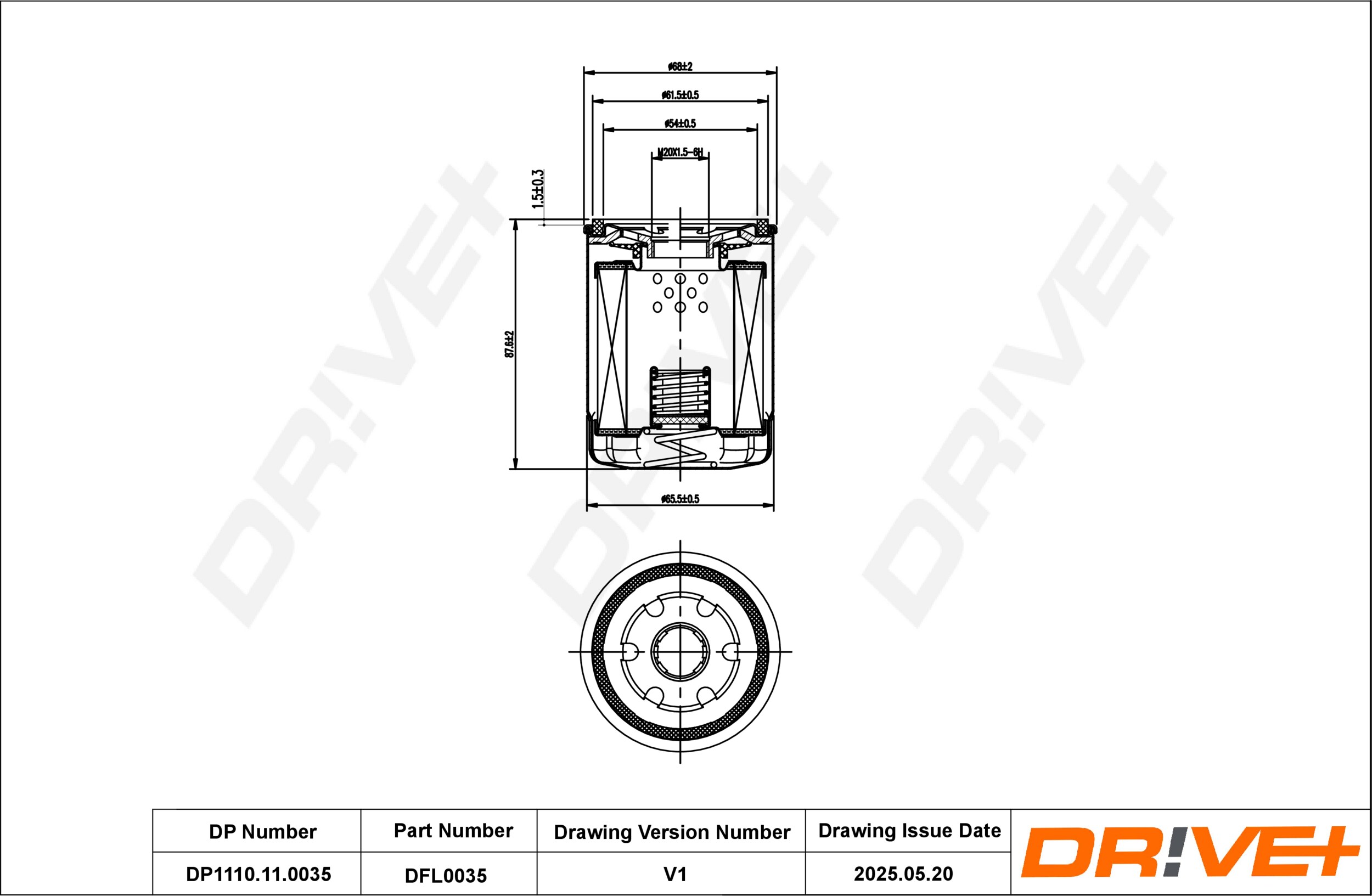 DR!VE+ Oliefilter dp1110110035 Påskruet 75mm M20X1.5-6H for OPEL VAUXHALL FORD VOLVO HYUNDAI ISUZU MITSUBISHI PEUGEOT CITROËN FIAT HONDA MAZDA SMART