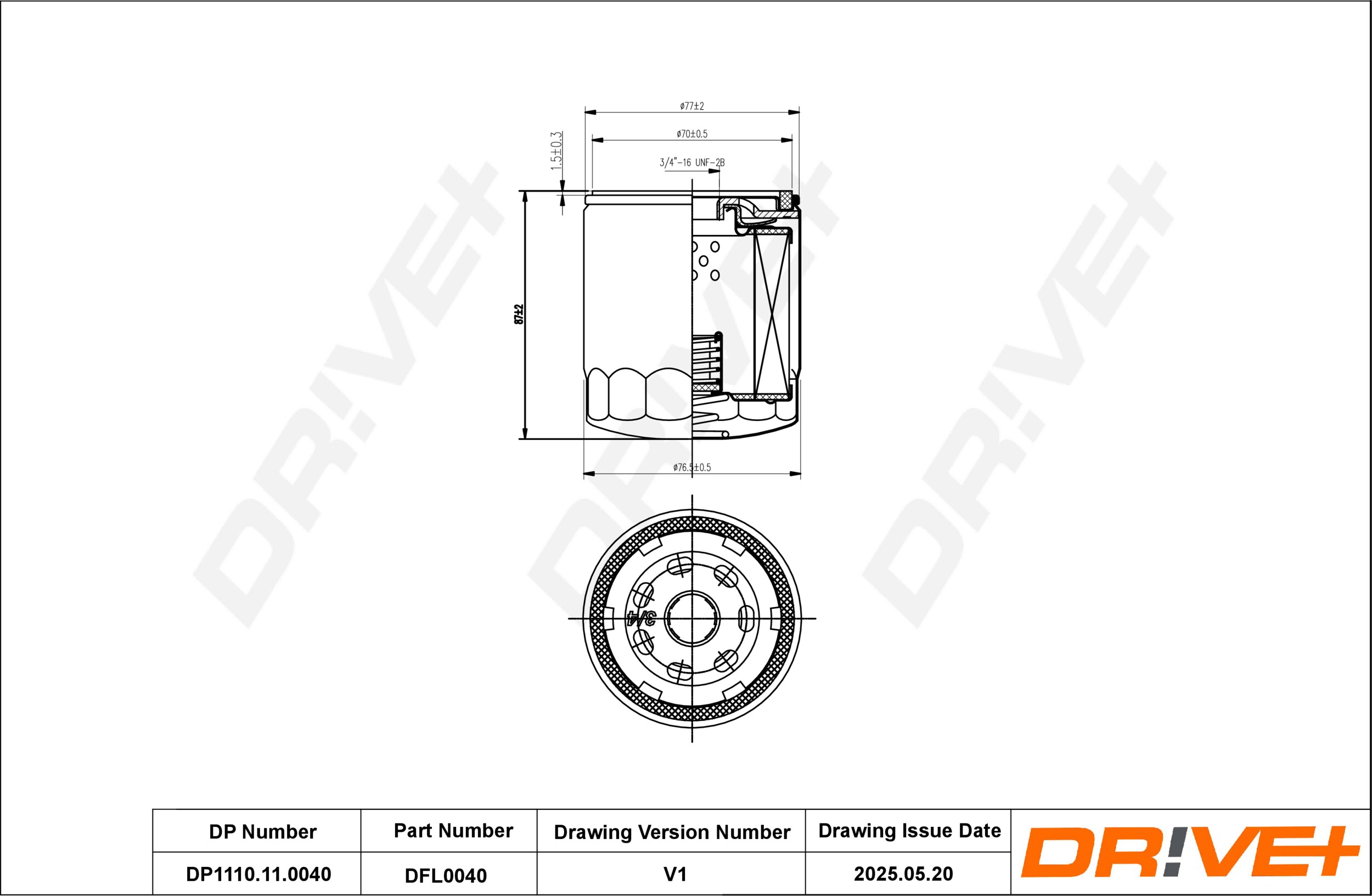 DR!VE+ Oliefilter dp1110110040 Påskruet 79mm for VOLVO ONAN DAIHATSU FIAT TOYOTA VAG MINI CHERY BAW