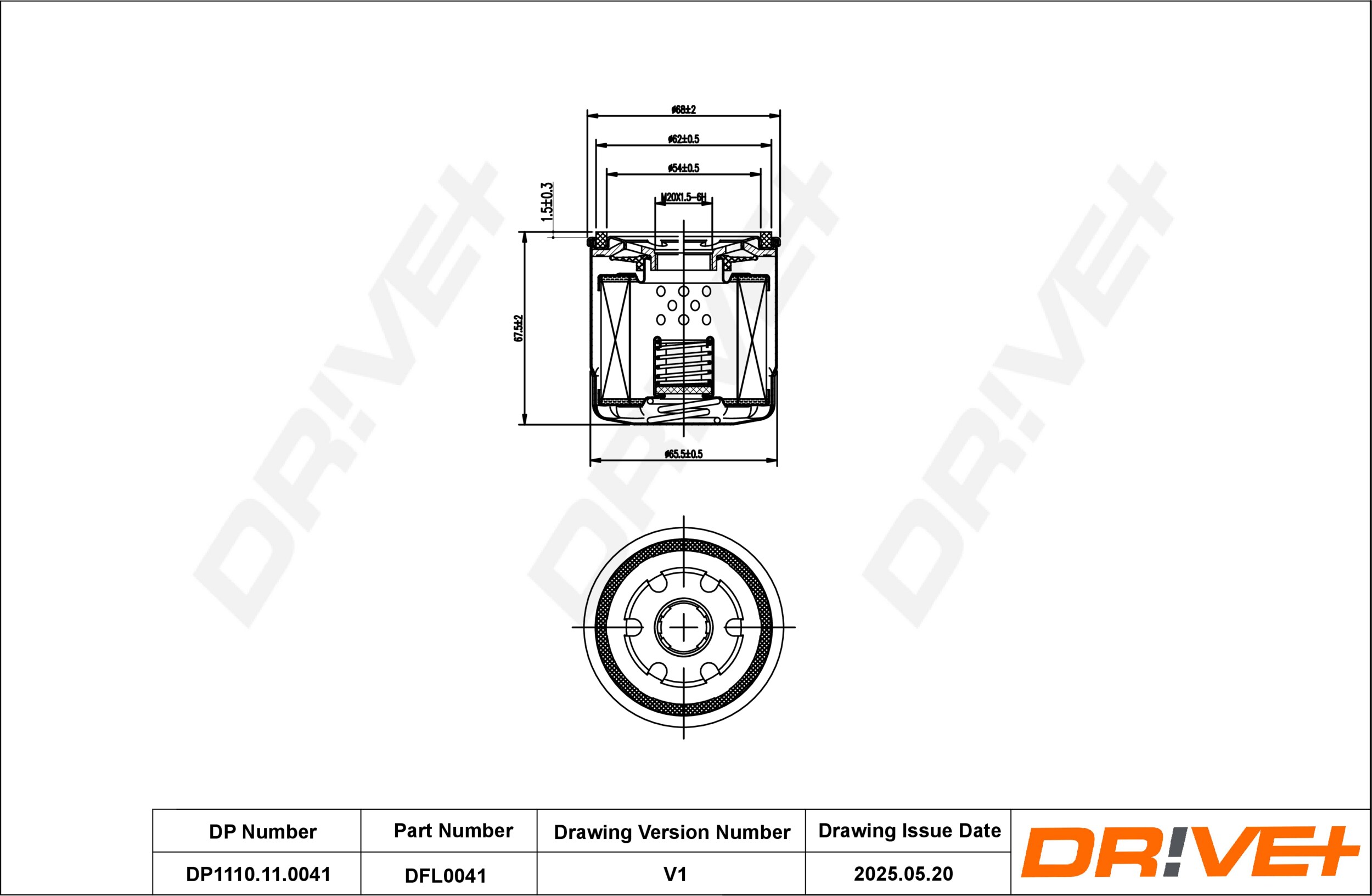 DR!VE+ Oliefilter dp1110110041 Påskruet 65mm M20X1.5-6H for HYUNDAI ONAN VOLVO SUBARU MAZDA ISUZU NISSAN RENAULT SUZUKI (CHANGAN) KIA MITSUBISHI DONG