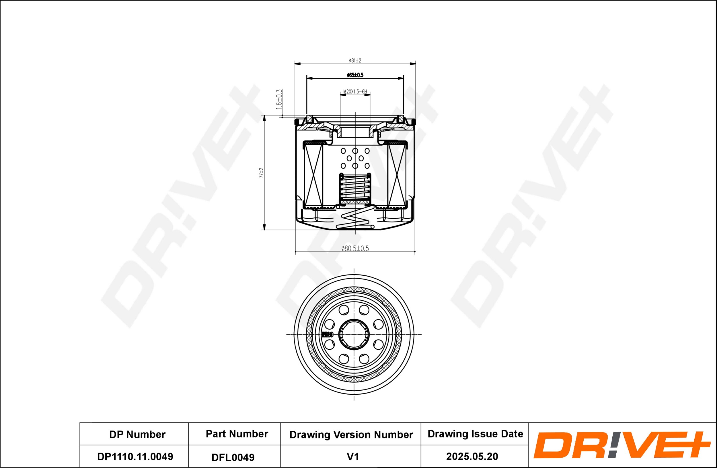 DR!VE+ Oliefilter dp1110110049 Påskruet 75mm M20X1.5-6H for KIA