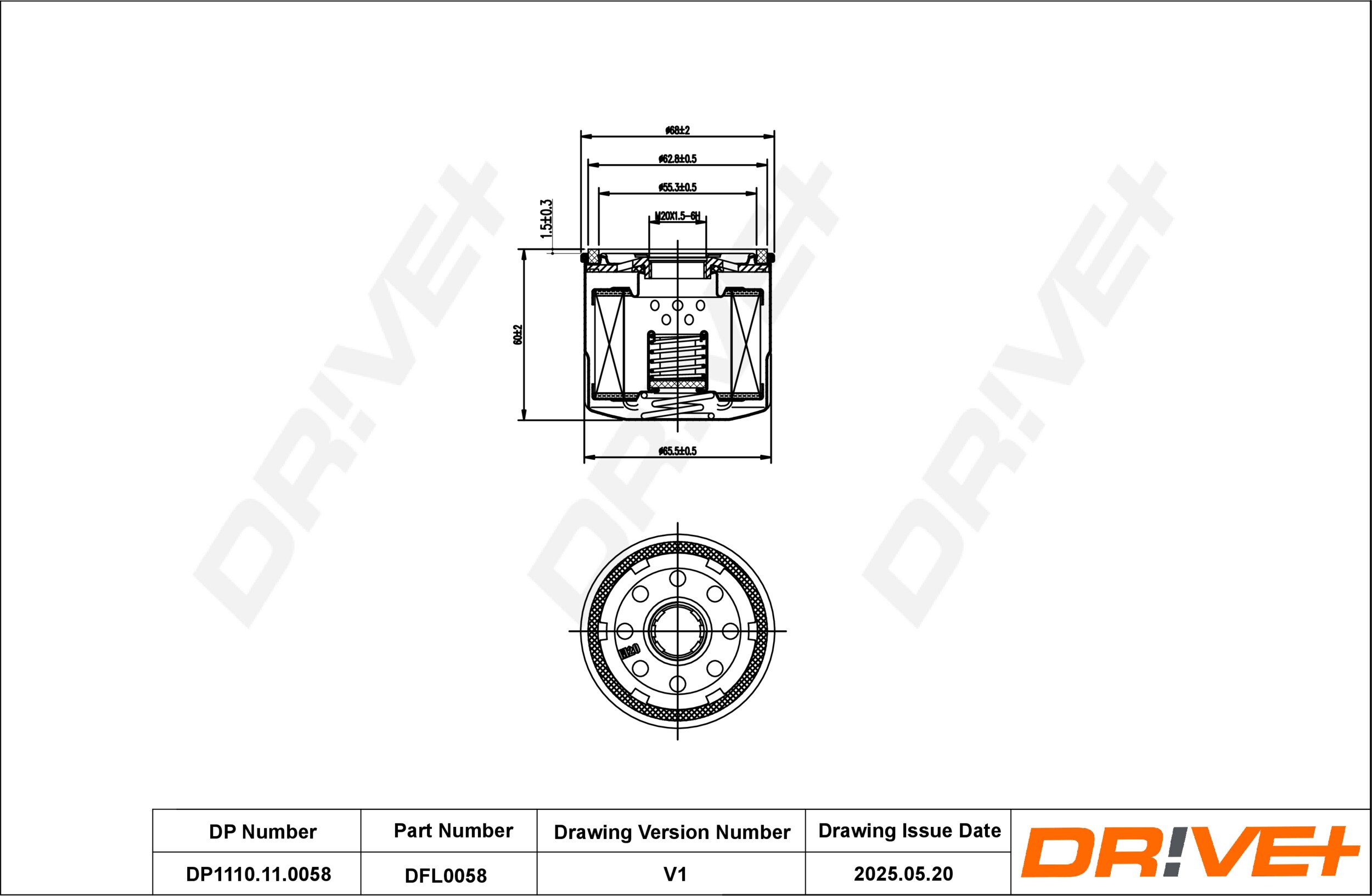 DR!VE+ Oliefilter dp1110110058 Påskruet 60mm for MITSUBISHI NISSAN PEUGEOT RENAULT DACIA