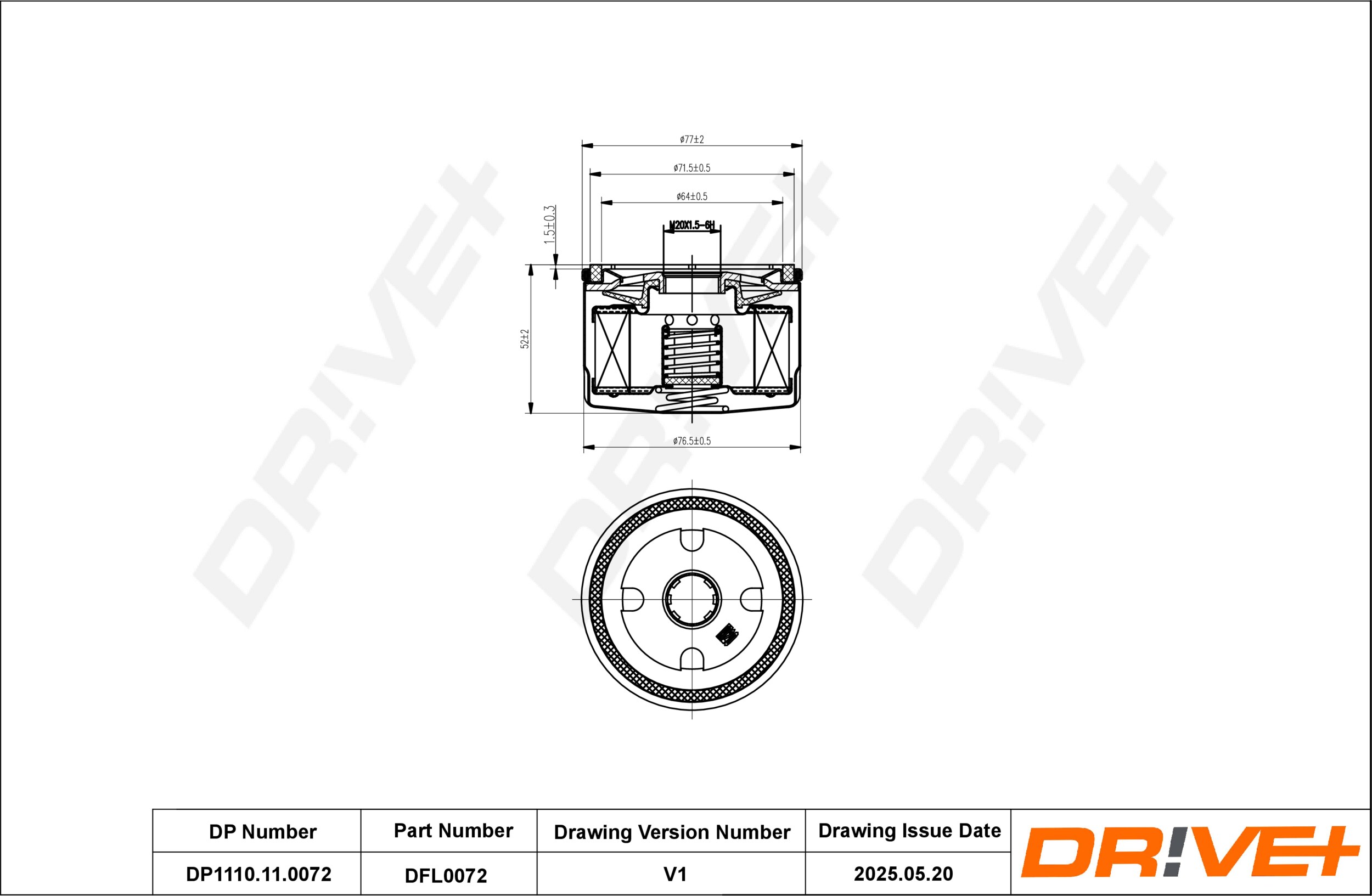 DR!VE+ Oliefilter dp1110110072 Påskruet 70mm M20X1.5-6H for LANCIA FIAT