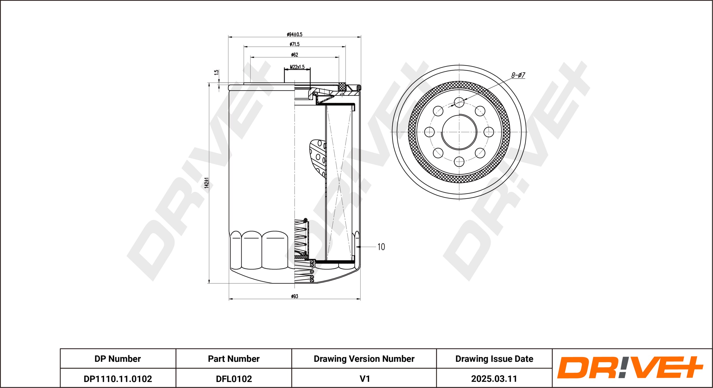 DR!VE+ Oliefilter dp1110110102 Påskruet 143mm M22x1.5 for IVECO FIAT PEUGEOT CITROËN MITSUBISHI
