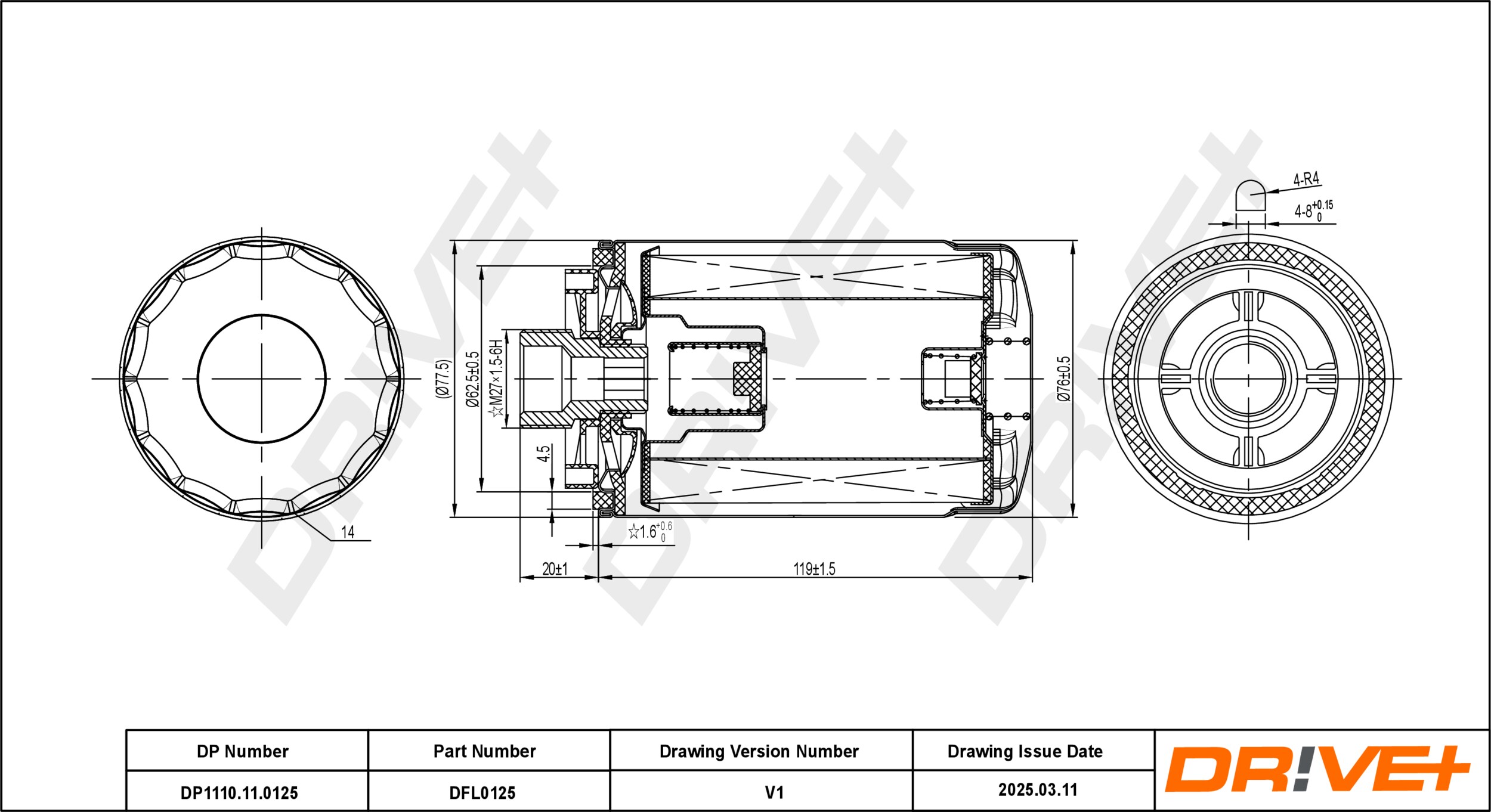 DR!VE+ Oliefilter dp1110110125 Påskruet 143mm M27x1.5-6H for GEELY VAG VW GREAT WALL