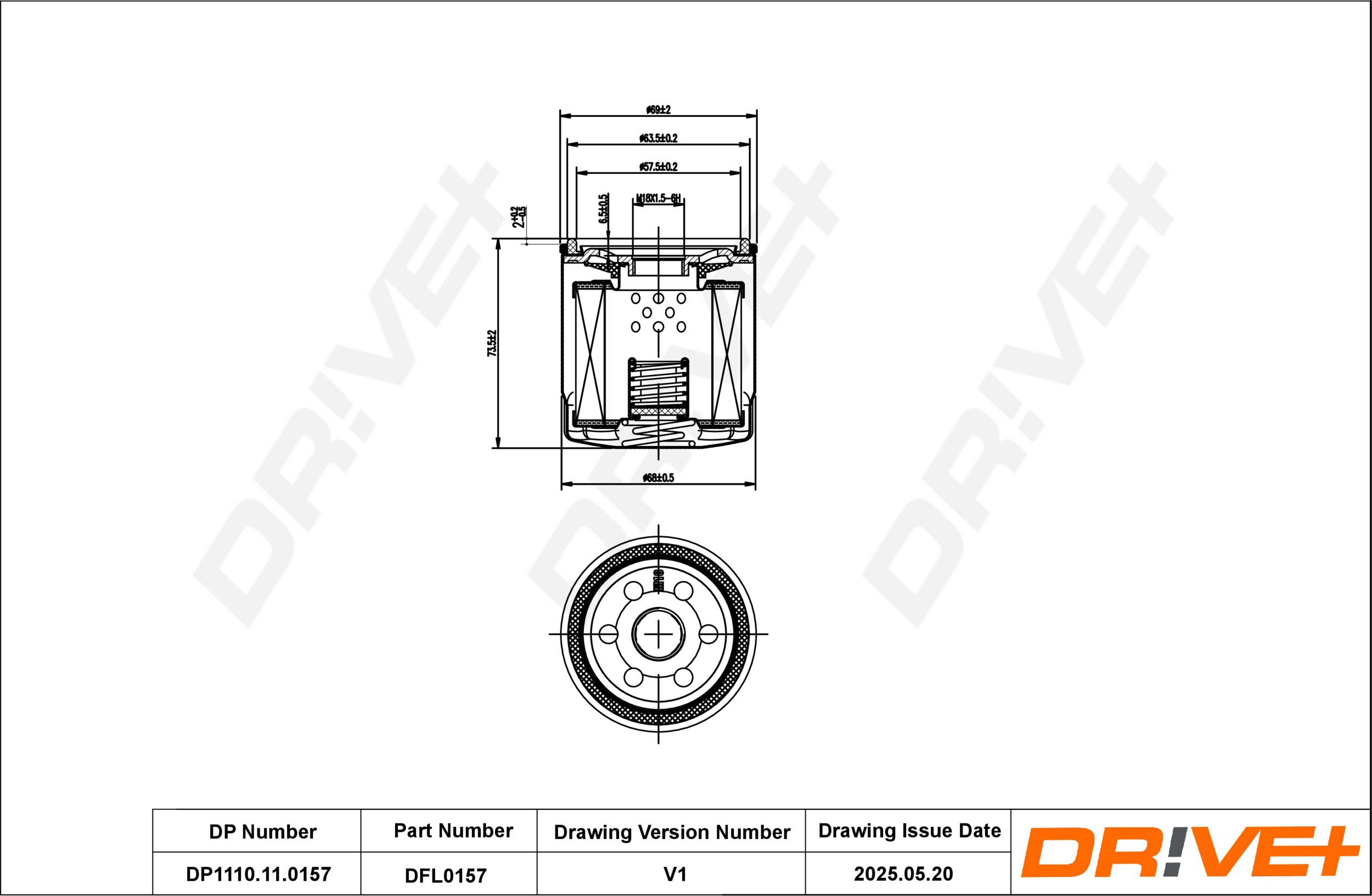 DR!VE+ Oliefilter dp1110110157 Påskruet 75mm M18X1.5-6H for GENERAL MOTORS