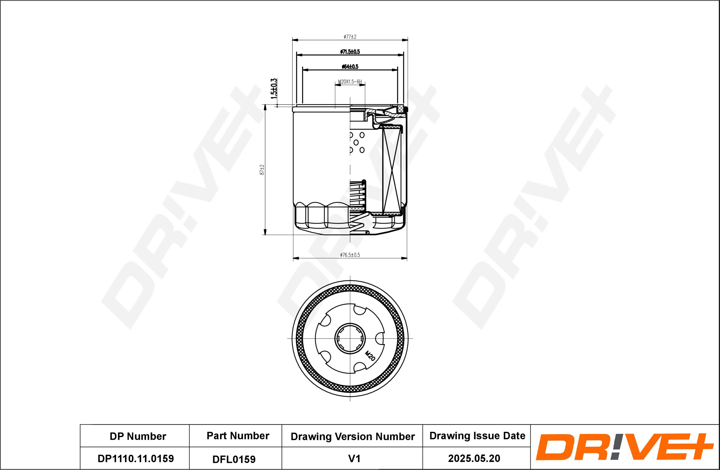 DR!VE+ Oliefilter dp1110110159 Påskruet 89mm M20X1.5-6H for INFINITI NISSAN RENAULT SUZUKI