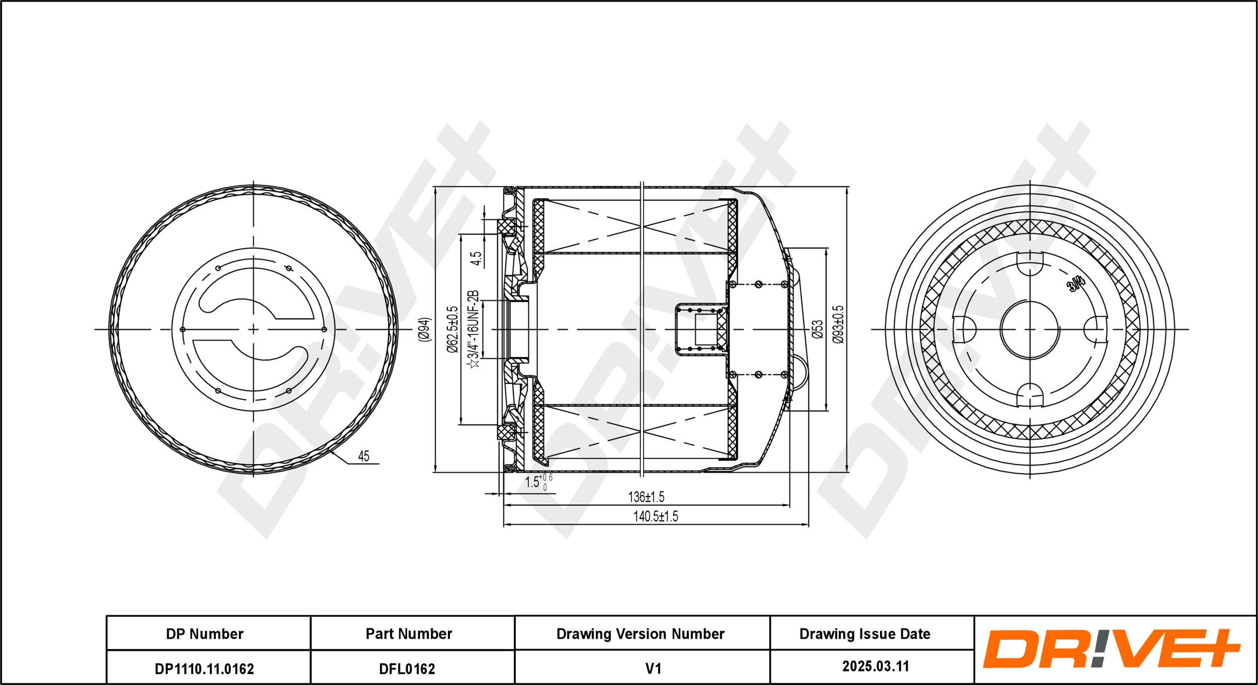 DR!VE+ Oliefilter dp1110110162 Påskruet 142mm for VOLVO FORD GENERAL MOTORS VAG VW