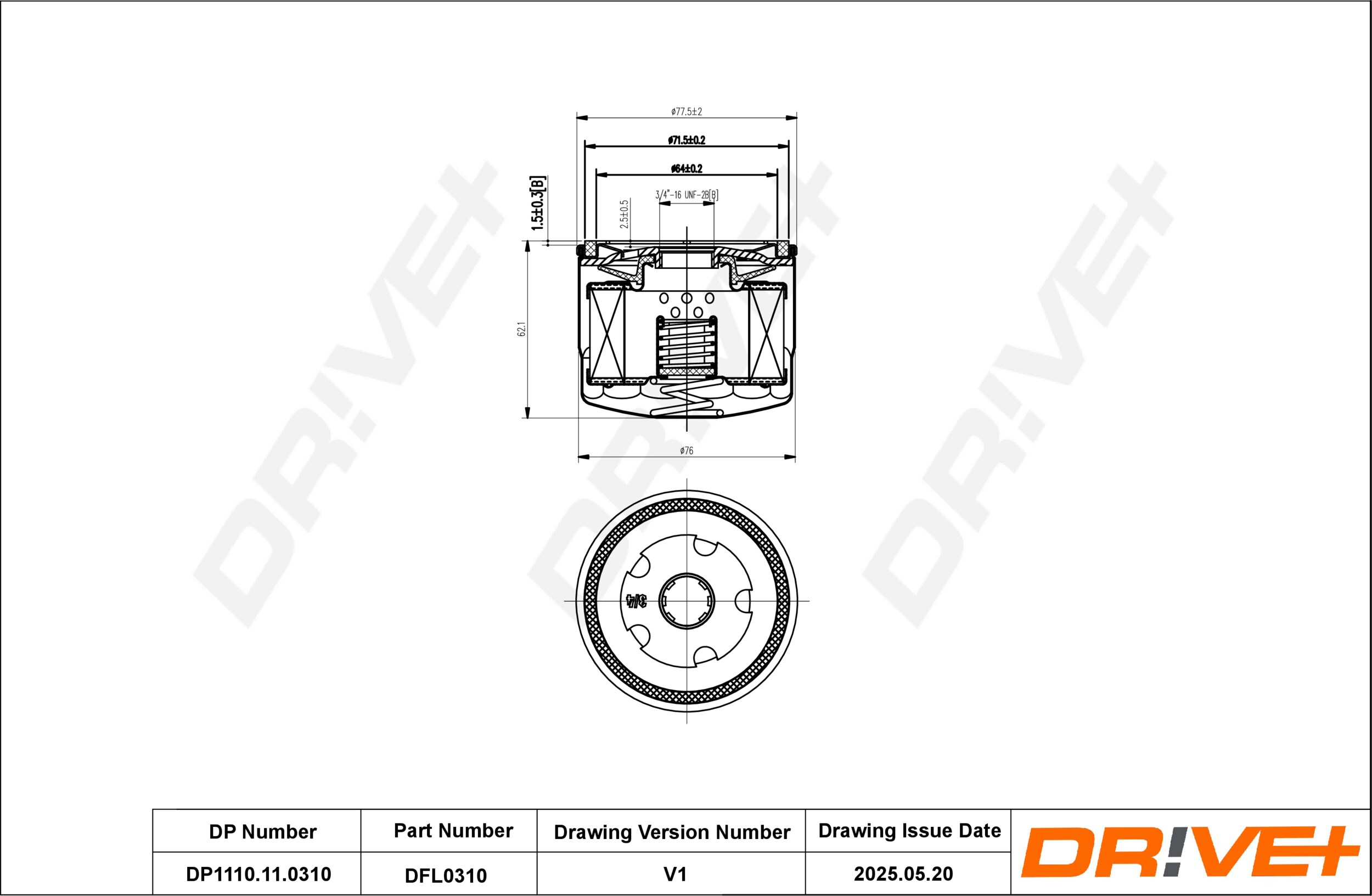 DR!VE+ Oliefilter dp1110110310 Påskruet 63mm for FORD SKODA