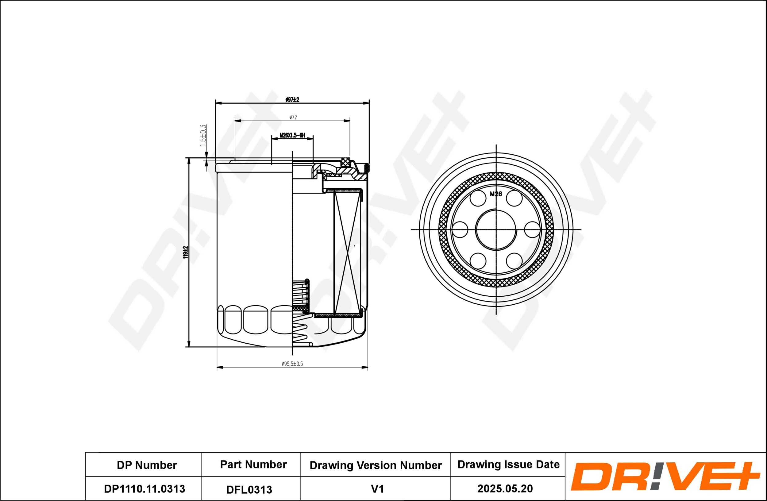 DR!VE+ Oliefilter dp1110110313 Påskruet 131mm M26X1.5-6H for HYUNDAI KIA