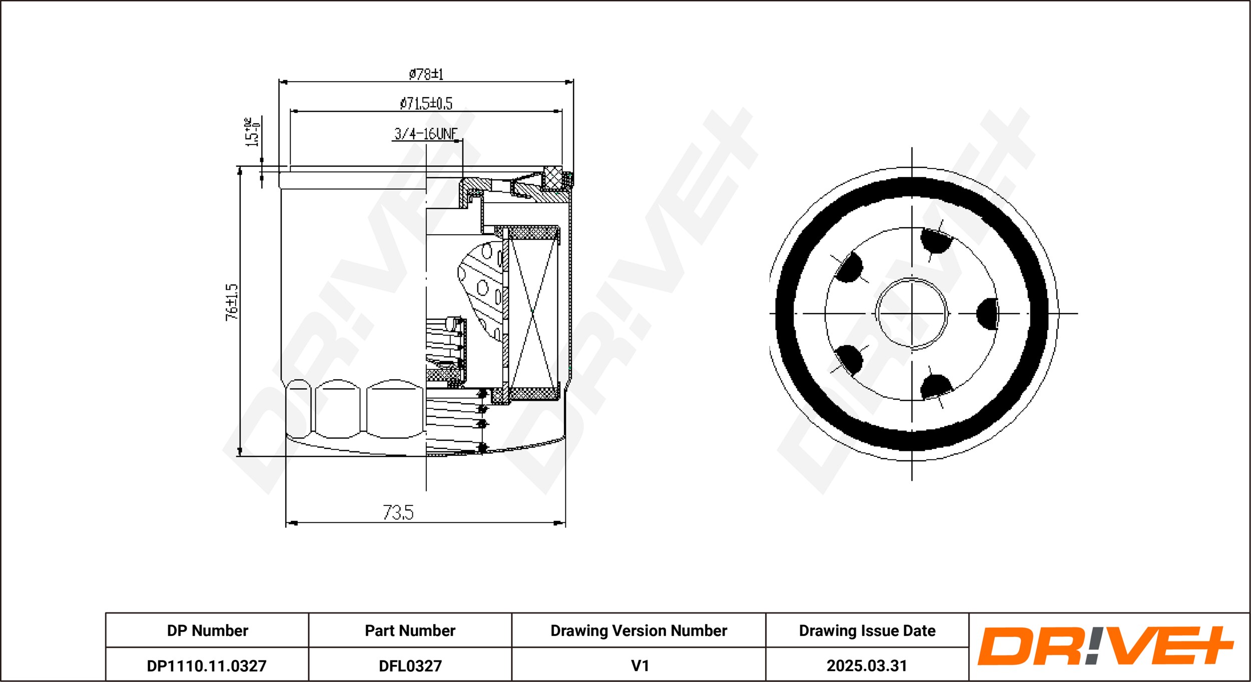 DR!VE+ Oliefilter dp1110110327 Påskruet 75mm for FORD MAZDA
